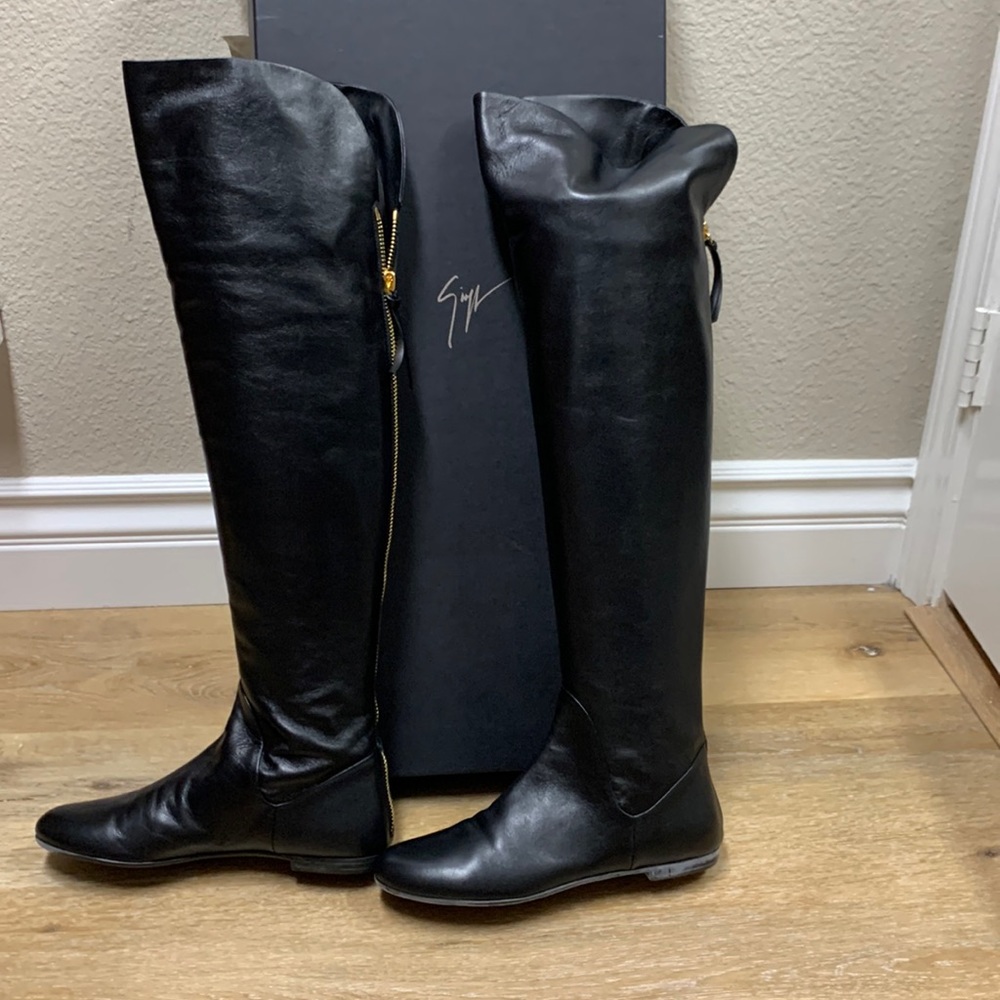 Brand new Zanotti, tall flat leather, gold zipper boots, size 7, EU 37.